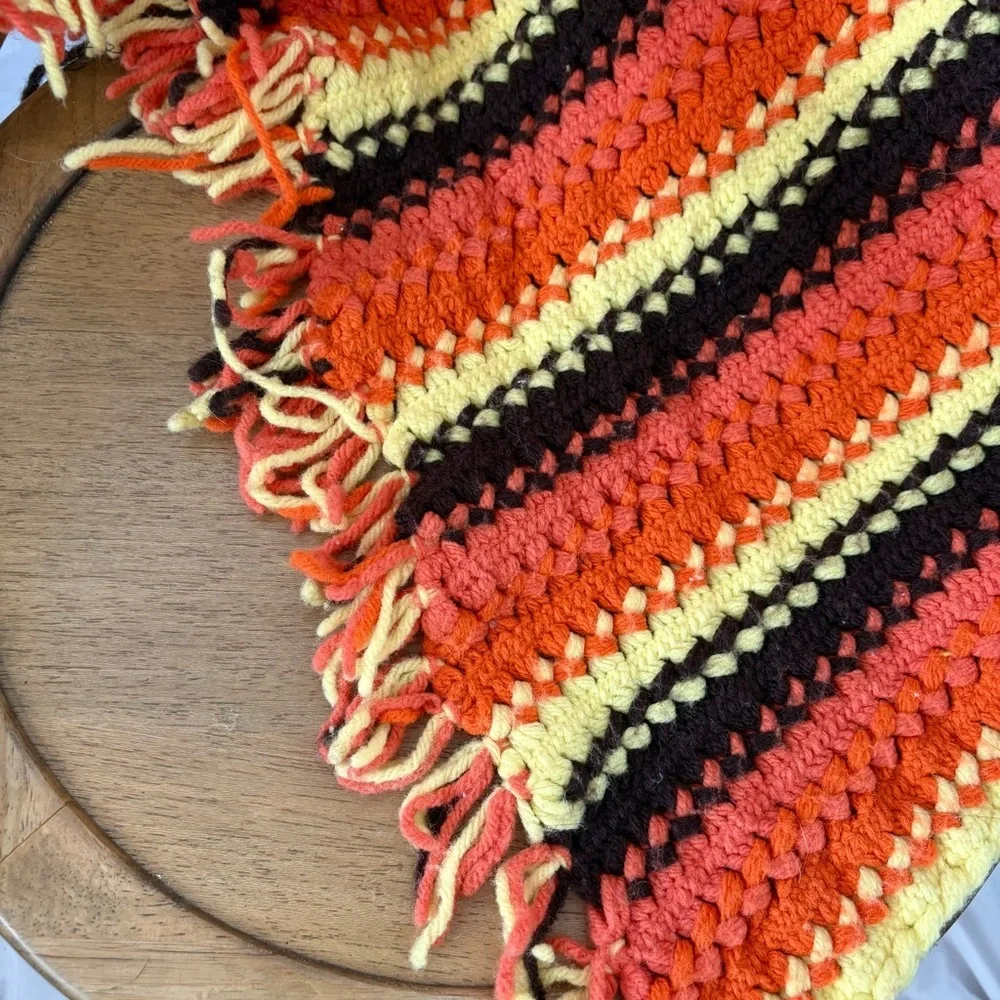 Vintage 70s crochet knit throw blanket handmade orange brown yellow indie